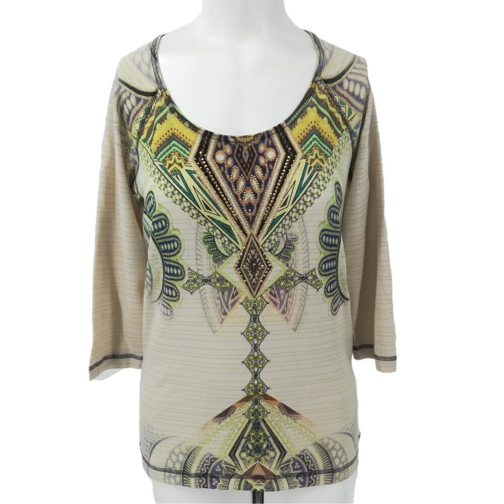 One World Raglan Sleeve Knit Top Size S Ethnic Geometric 3/4 Sleeve Gold Cream